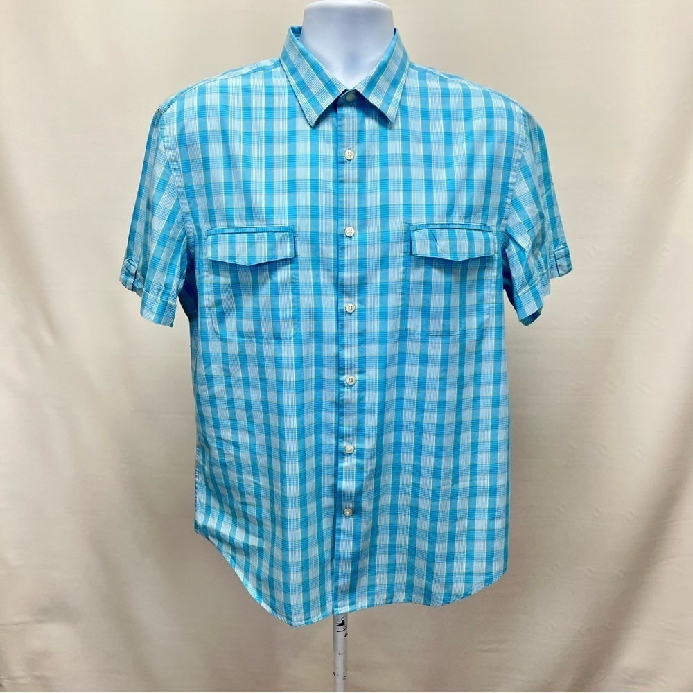 PERRY ELLIS Men’s‎ Aqua blue plaid short sleeve casual shirt size L.